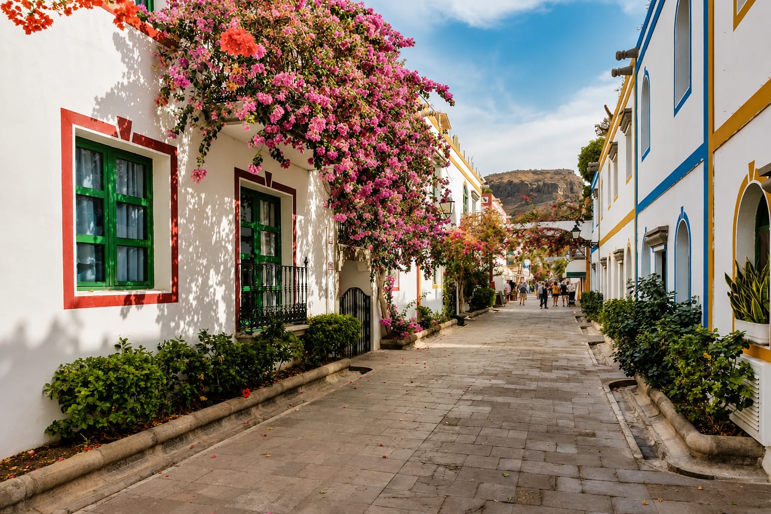 Pedestrian street with colourful houses and bougainvillea