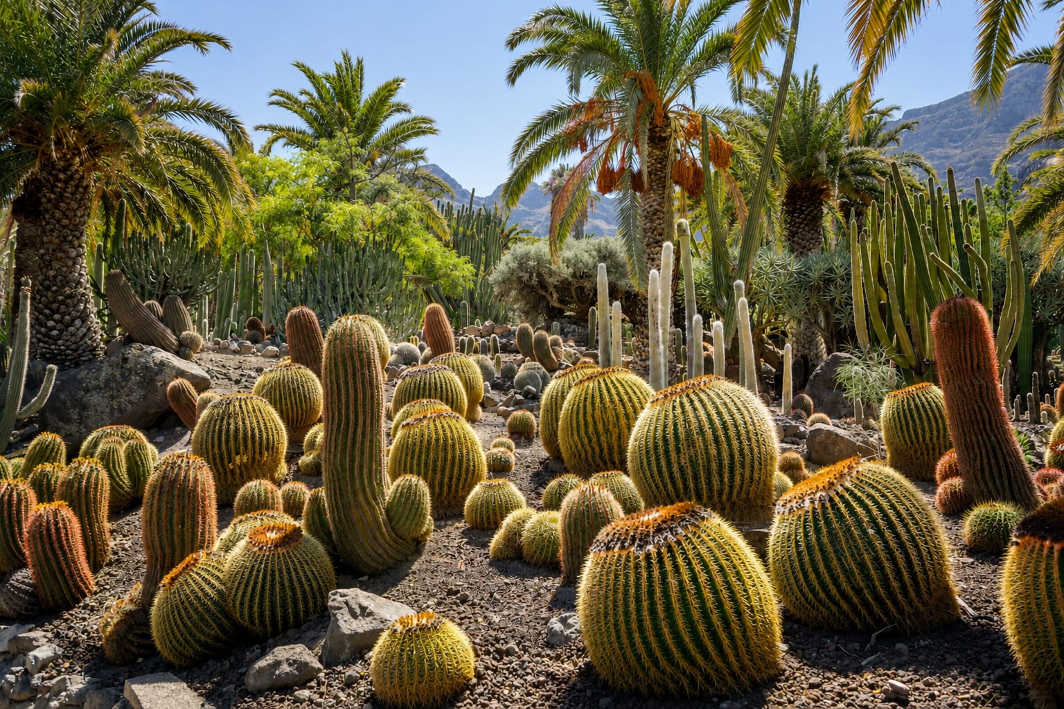 Cacti and palm trees in a botanical garden